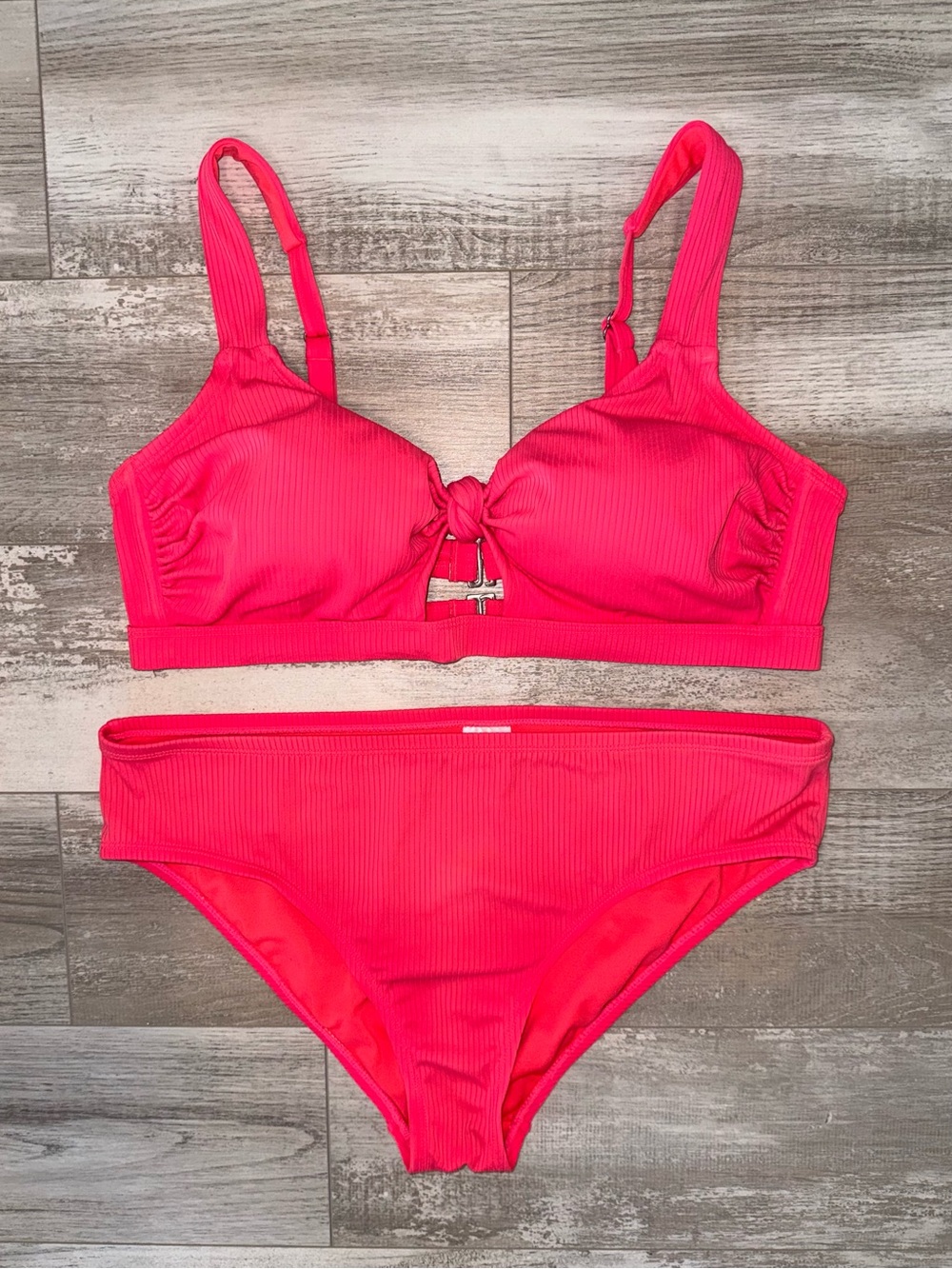 Neon Pink Ribbed Bikini Set Plus Size Colorblock Swimwear Knot Front Top 1X/X